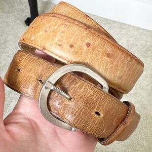 Vintage Ostrich Leather Belt Tan Brown Silver Buckle Western Boho Size 38